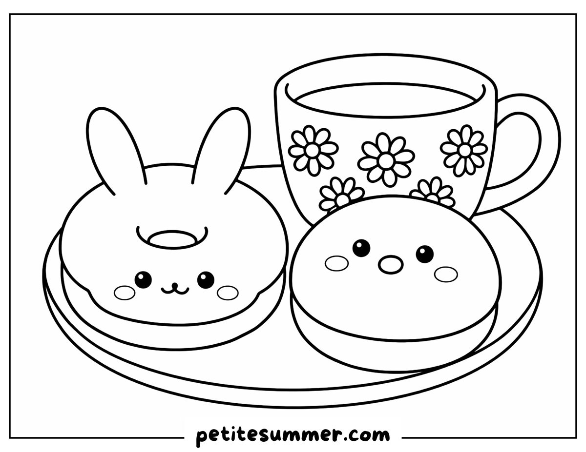 bunny and chick donut coloring page