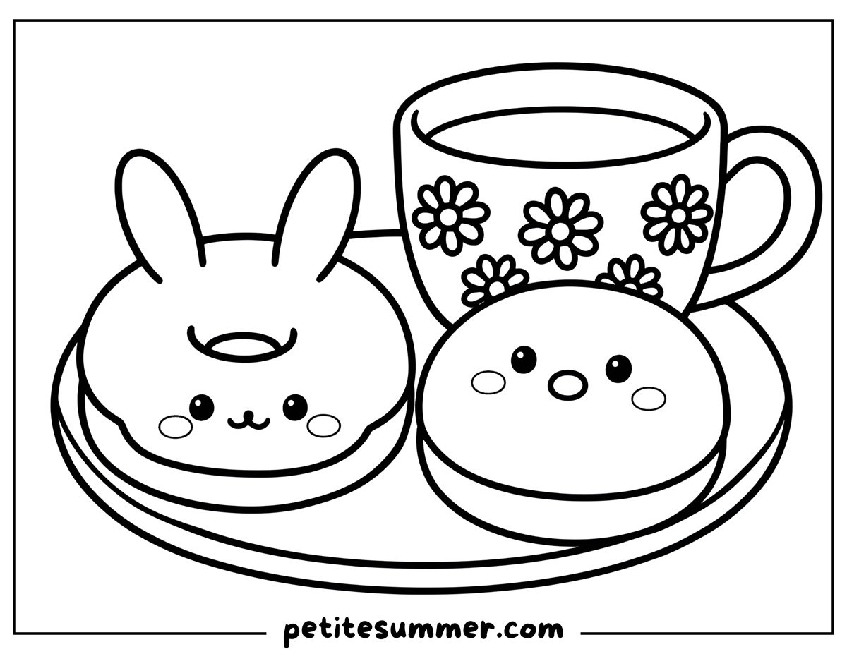 bunny and chick donut coloring page