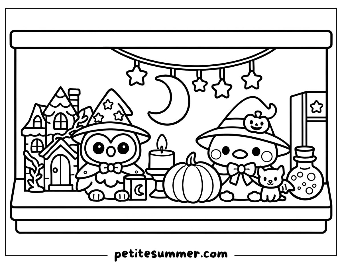 cozy halloween shelf coloring page