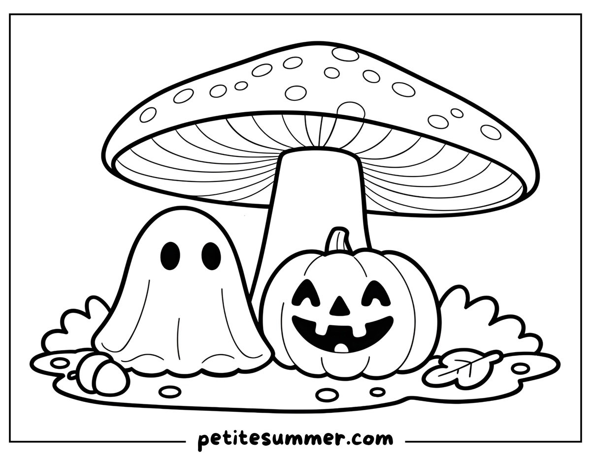 ghost and pumpkin under a mushroom coloring page