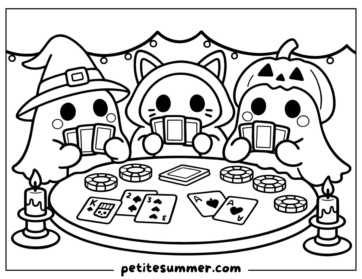 ghosts playing cards coloring page