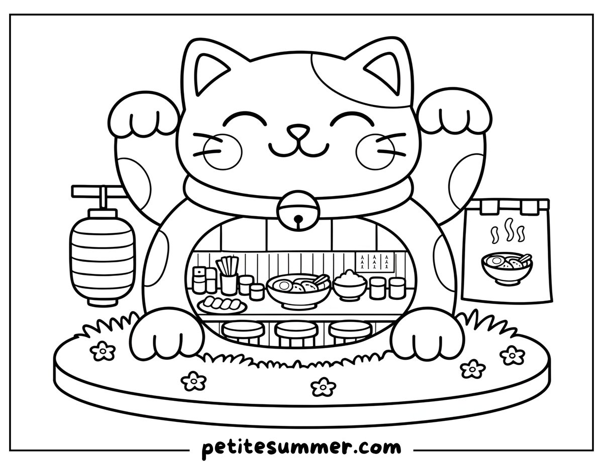 lucky japanese cat restaurant coloring page