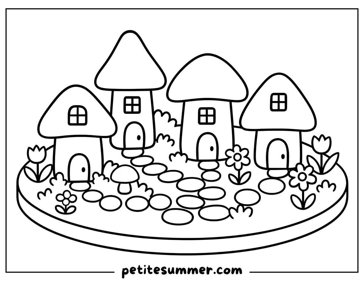 Mushroom Village Coloring Page