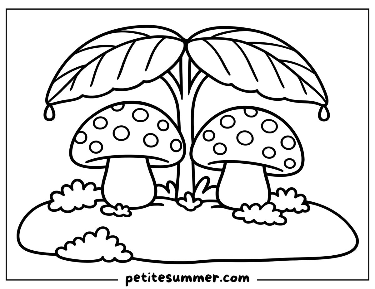 Mushrooms Under a Plant Coloring Page