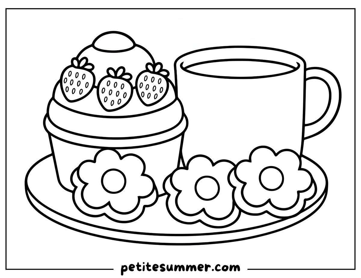 Strawberry Ice Cream and Cookies Coloring Page