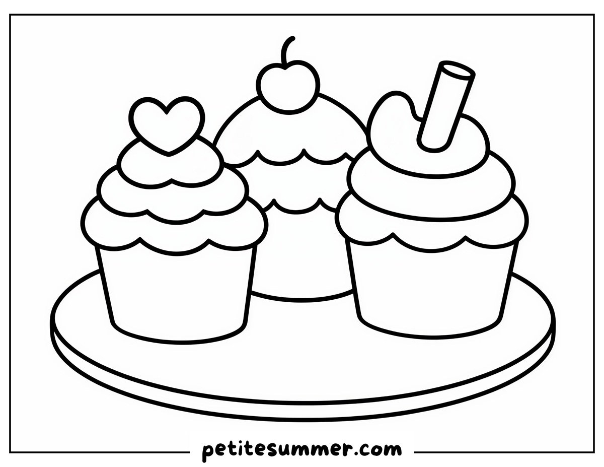three cupcakes coloring page