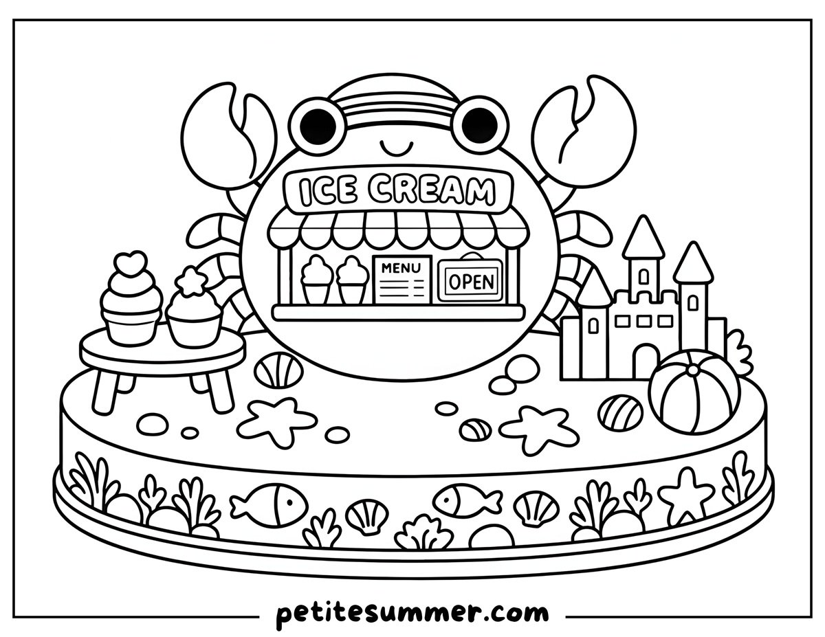 crab ice cream shop coloring page