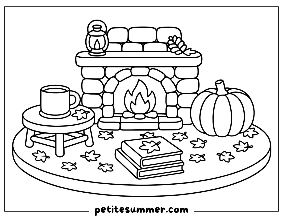 fall season fireplace coloring page