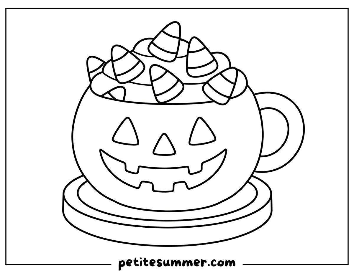 pumpkin mug and candy corn coloring page