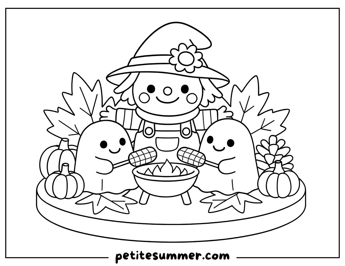 scarecrow and ghosts coloring page