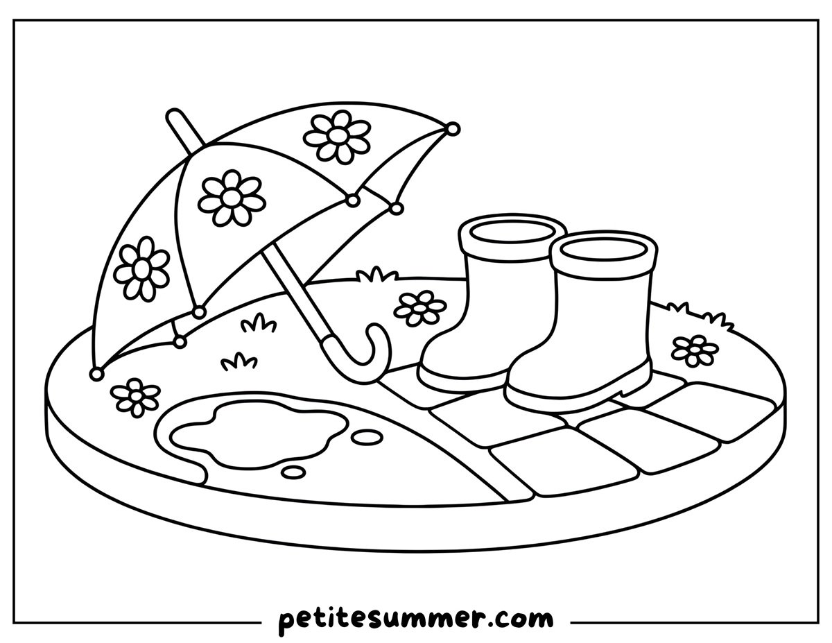 umbrella and rain boots coloring page