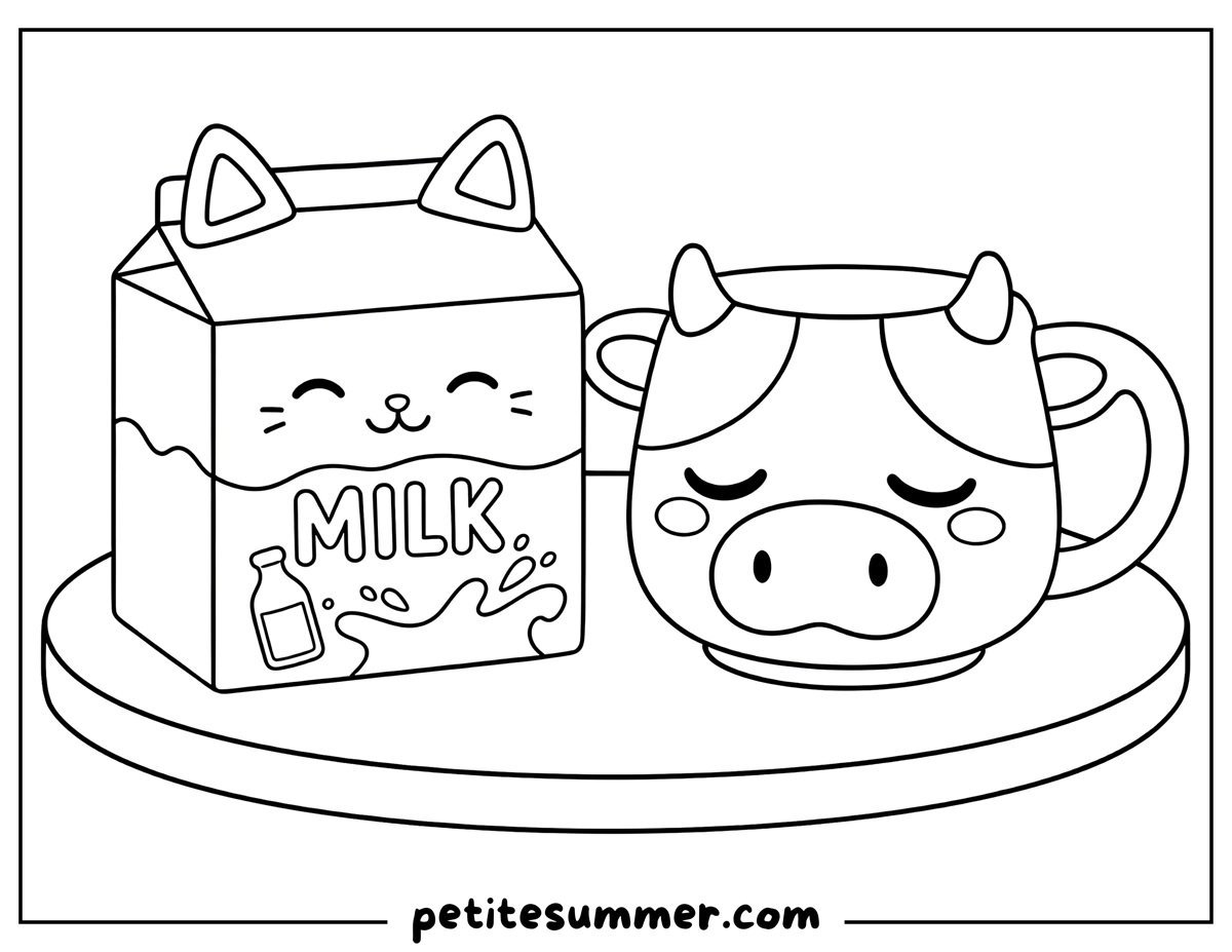 kawaii cat milk carton and cow mug coloring page