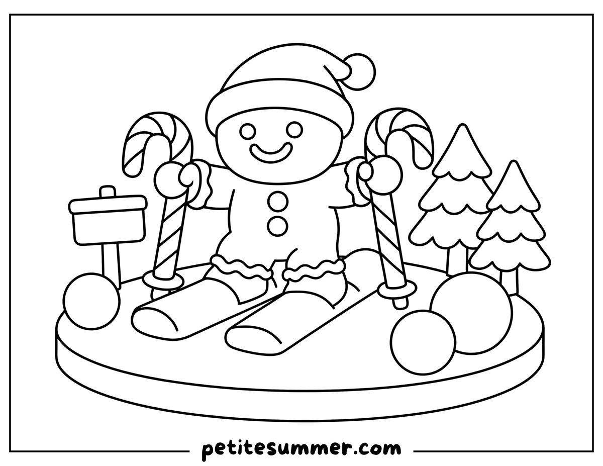 gingerbread man skiing coloring page