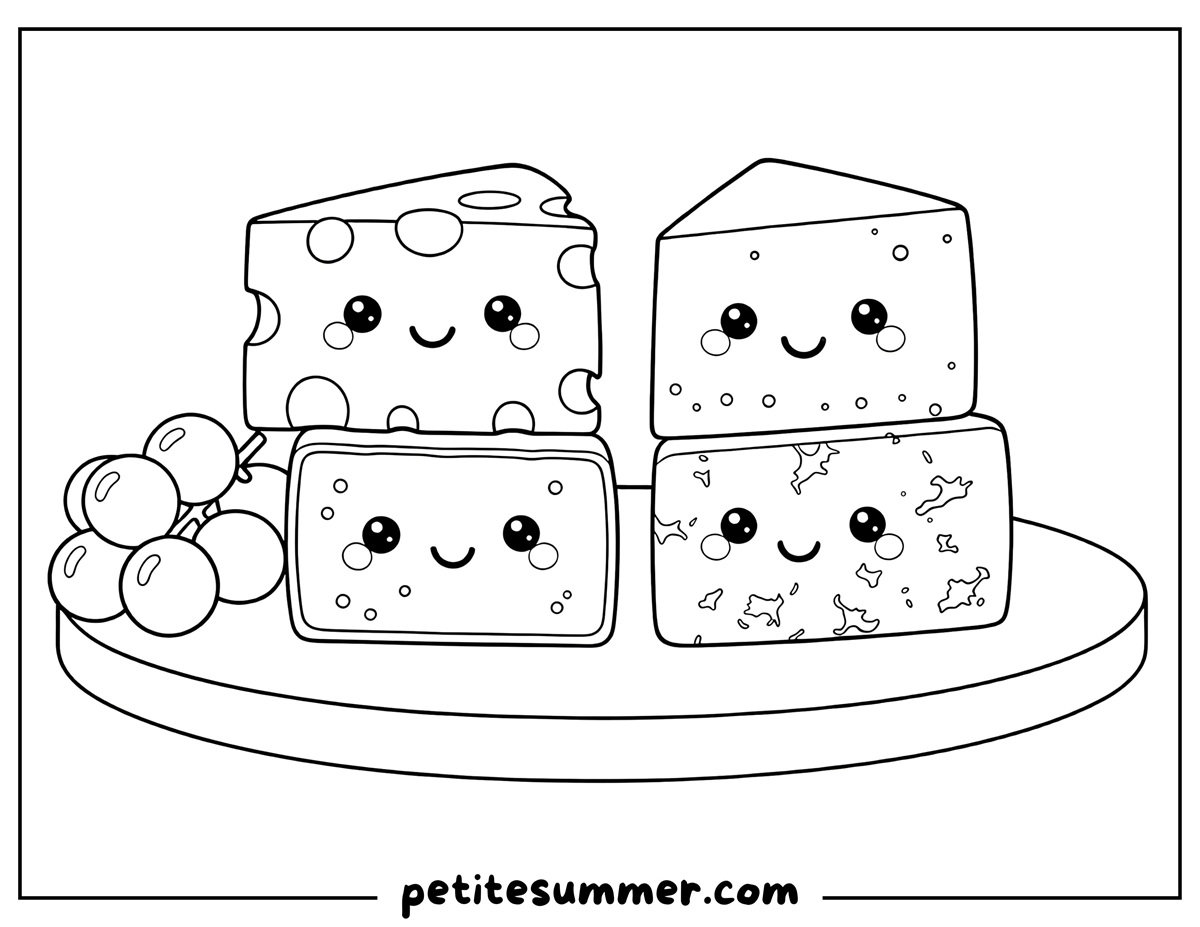 plate of kawaii cheeses coloring page
